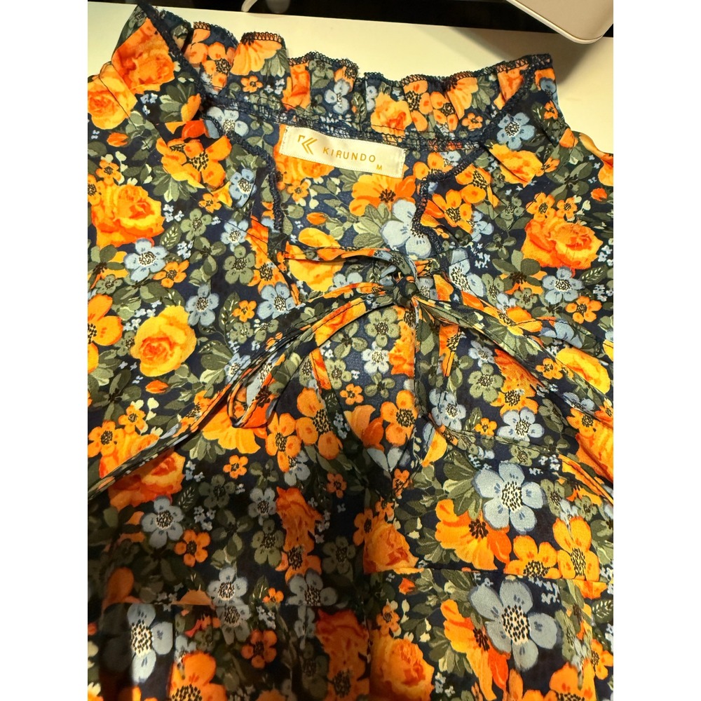 KIRUNDO Floral Ruffle Mini Dress Orange Blue Long Balloon Sleeve Size M
